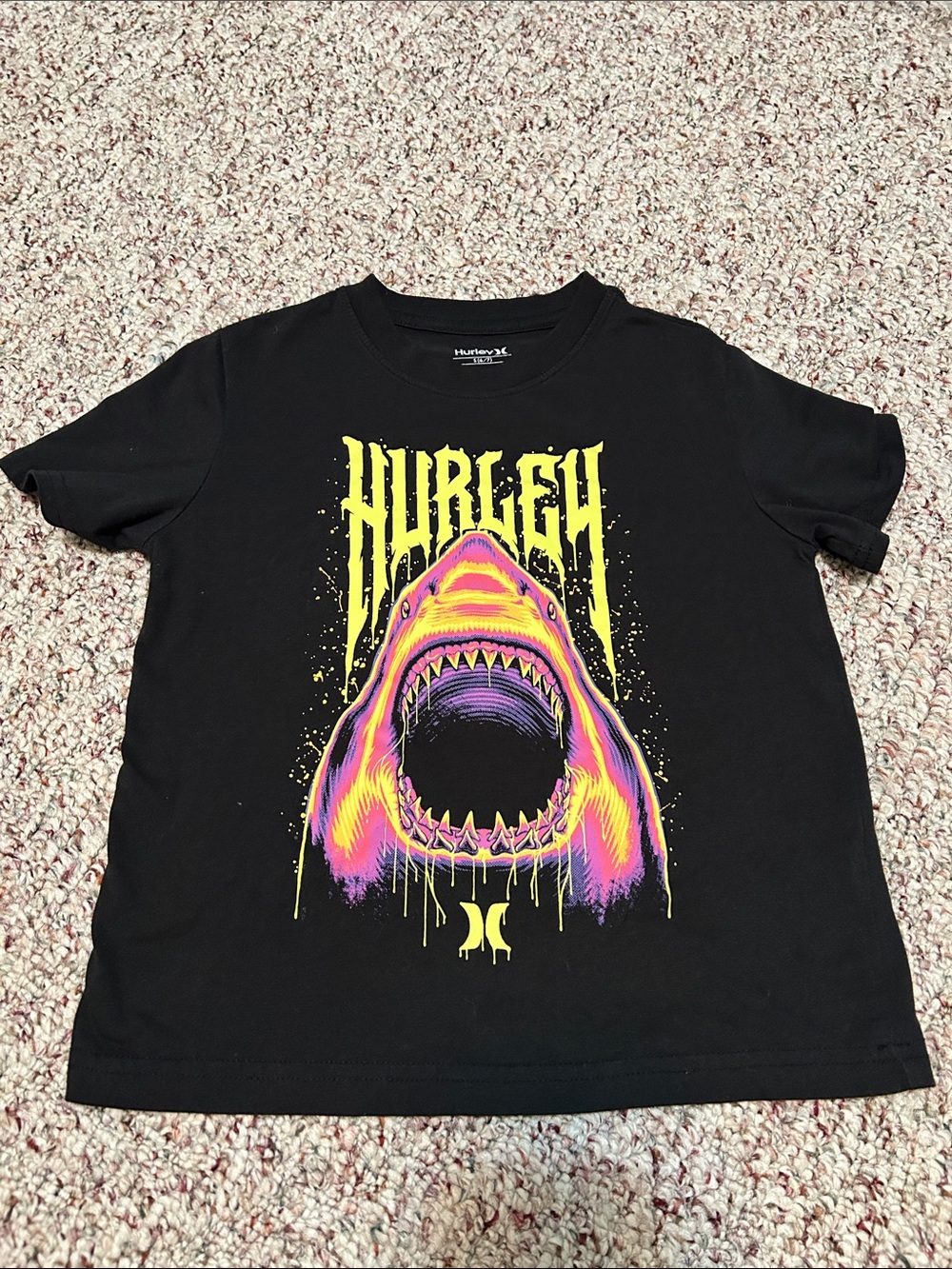 Hurley Black Tee with Neon Yellow & Pink Shark Graphic